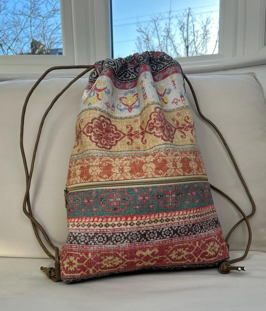 Boho Tapestry Drawstring Backpack, Rustic Cinch Bag