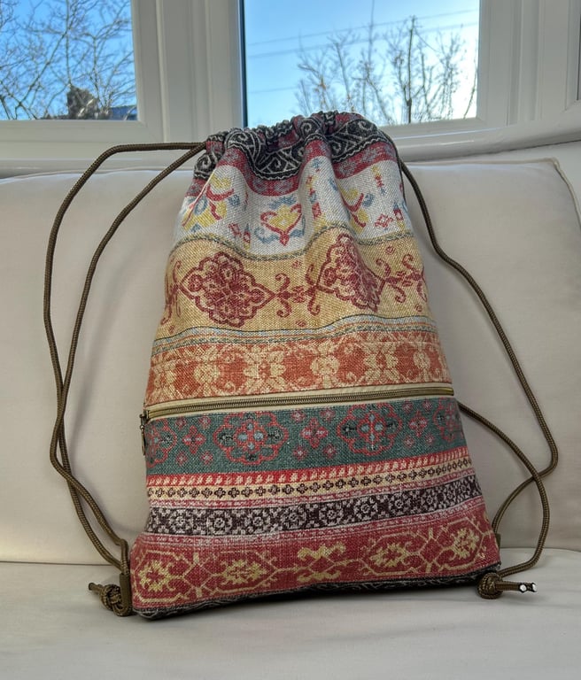 Boho Tapestry Drawstring Backpack, Rustic Cinch Bag