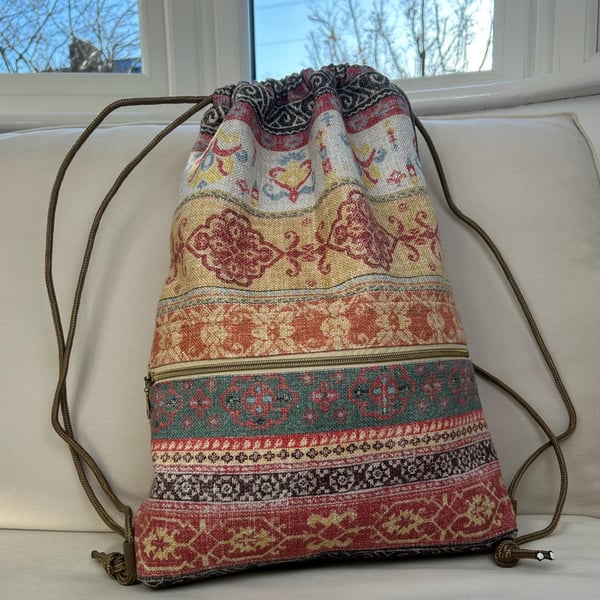 Boho Tapestry Drawstring Backpack, Rustic Cinch Bag