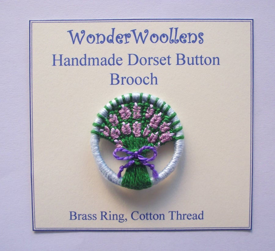 Lavender Bouquet Dorset Button Brooch,  Lavender, Green, Blue, 3.6cm, Handmade