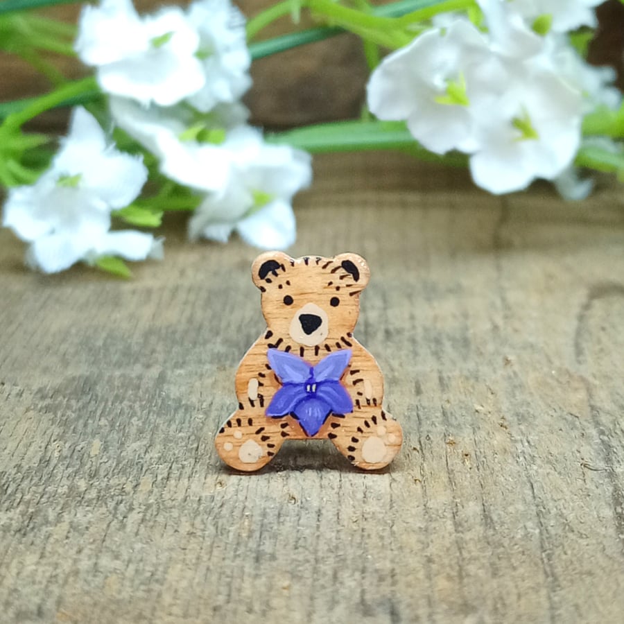 Violet Bear Pin, Handmade Tiny Teddy Brooch, February Birth Flower Badge