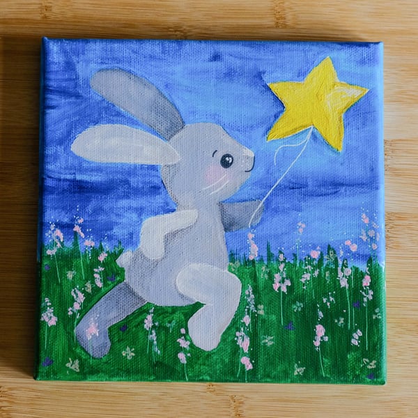 Bunny With Balloon, original artwork, acrylic painted canvas for babies room. 