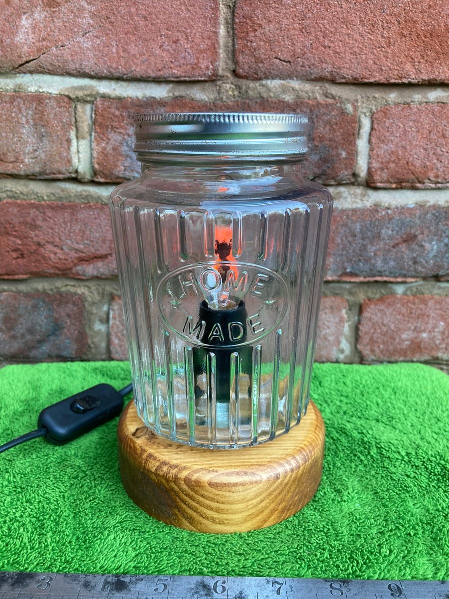 Upcycled Moulded Round Screw-Top Jar Table Lamp on Reclaimed Wood Base