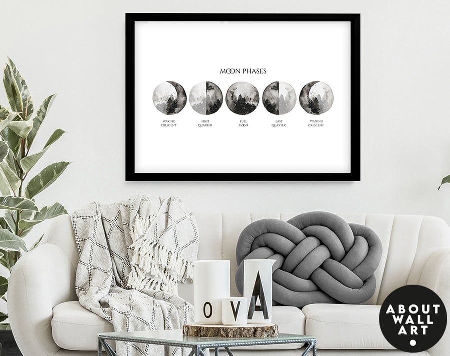 Moon phases wall hanging, watercolor wall art print, new apartment housewarming 