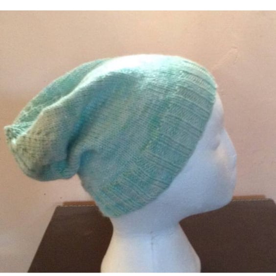 Pastel Sparkly Mint Green Slouch Beanie Hand Knit 