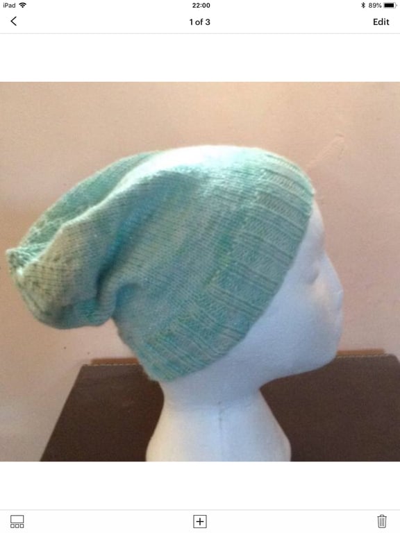 Pastel Sparkly Mint Green Slouch Beanie Hand Knit 