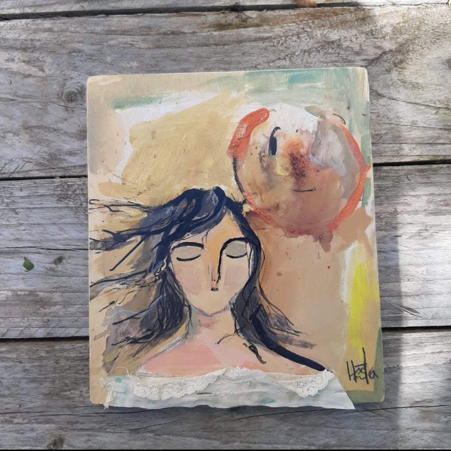 Woman and moon mixed media painting 