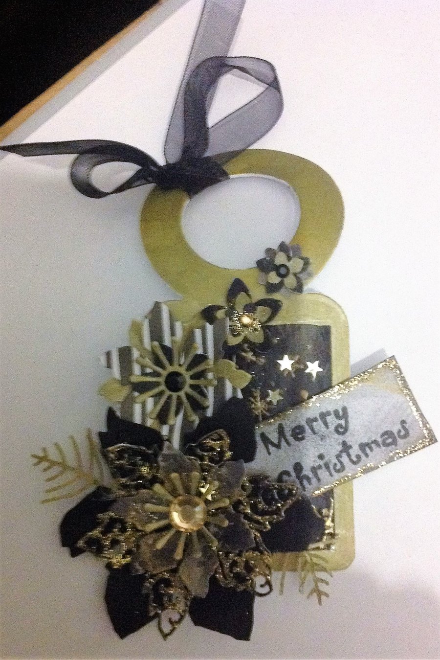 Black, gold and white poinsettia Christmas bottle tag