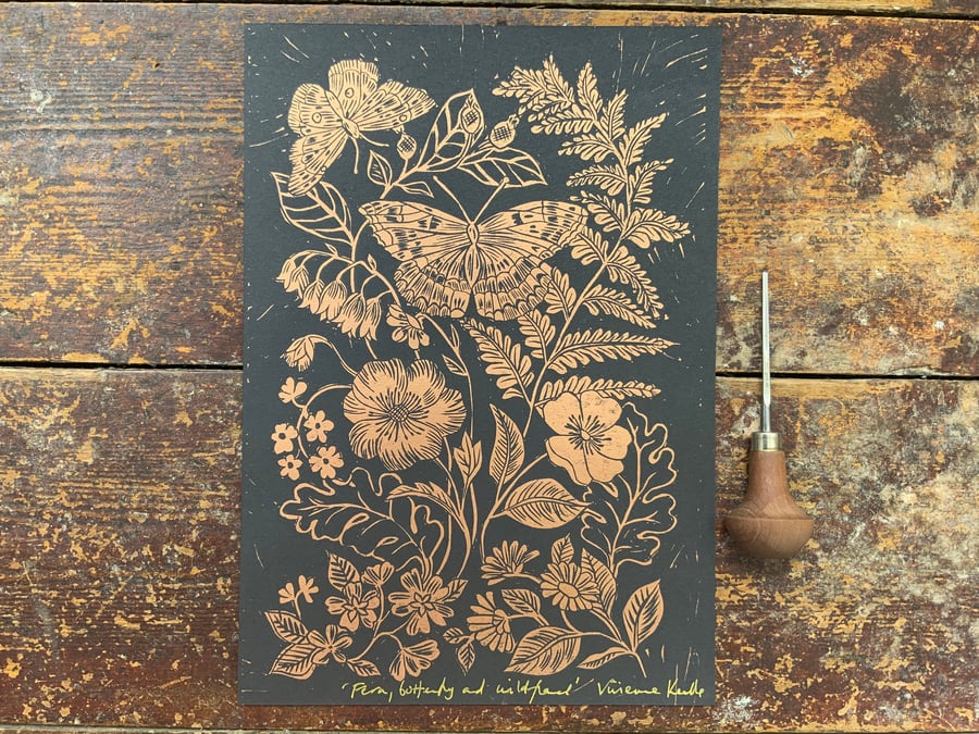 Linocut Print Fern, Butterfly & Wild Flowers Handmade Original Hand Printed Wall