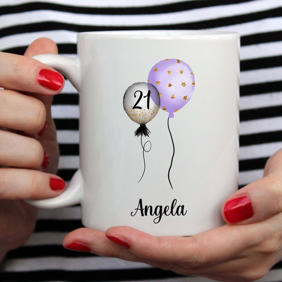 Personalised Birthday Mug, Purple Balloons,21st, 30th,40th,50th,60th,70th,80th