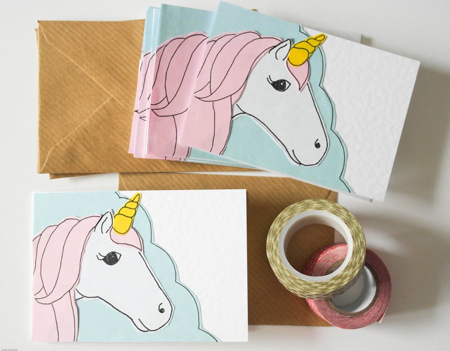 Unicorn mini greeting cards, Pink unicorn stationary pack, Stocking filler