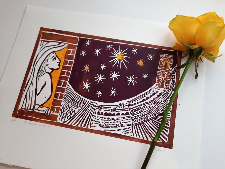 "In Winter Lockdown" original hand printed linoprint