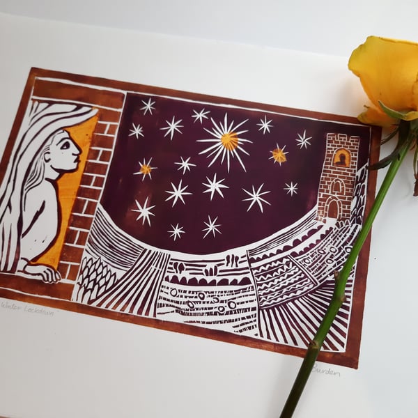 "In Winter Lockdown" original hand printed linoprint