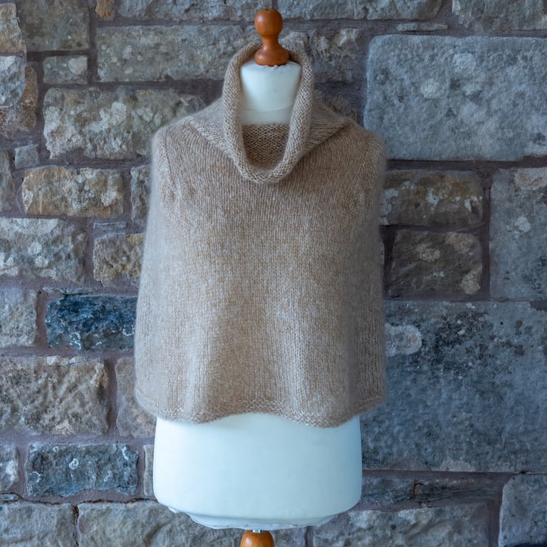 Capelet poncho in natural colours, hand knit; soft and warm, perfect extra layer