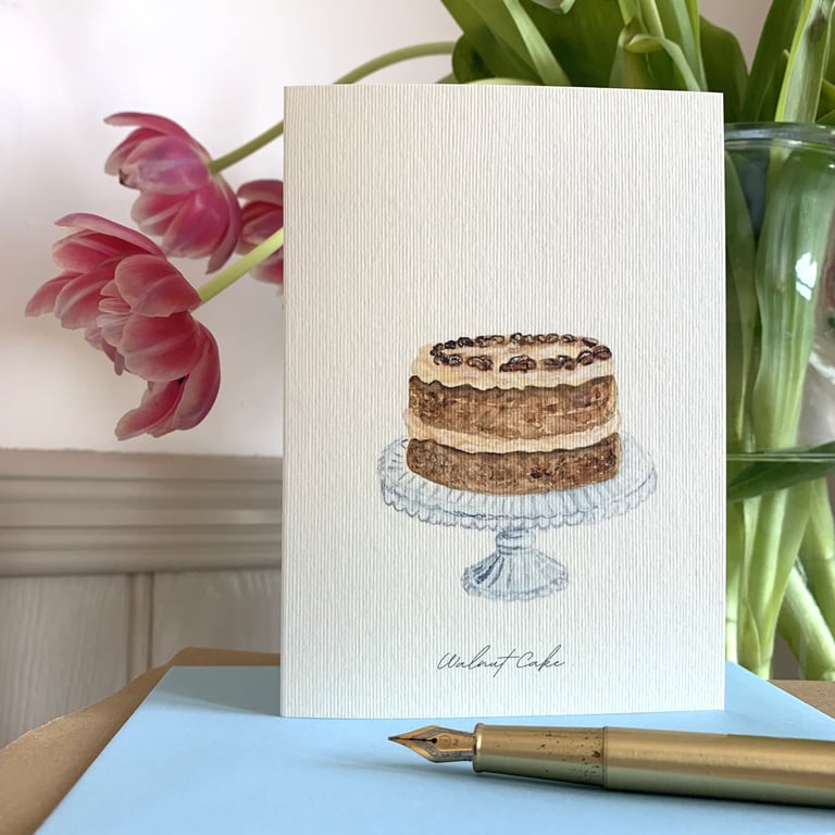 Hand-Illustrated Dessert Card – Walnut Cake - Printed on Acquerello Card