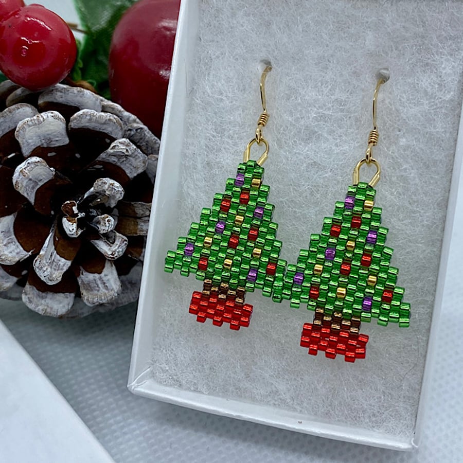 Gold Filled Bead Weave Christmas Tree Earrings