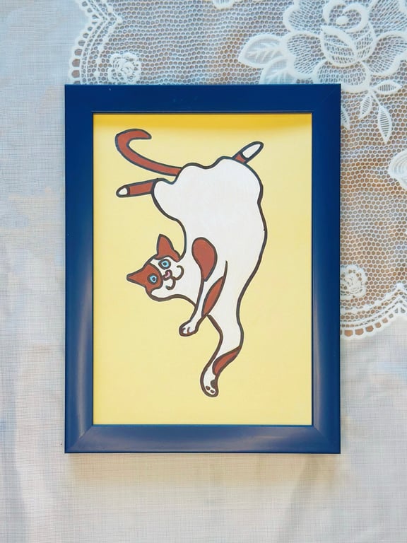 Happy Flip Cat – 7 Inch Framed Original Pet Illusration