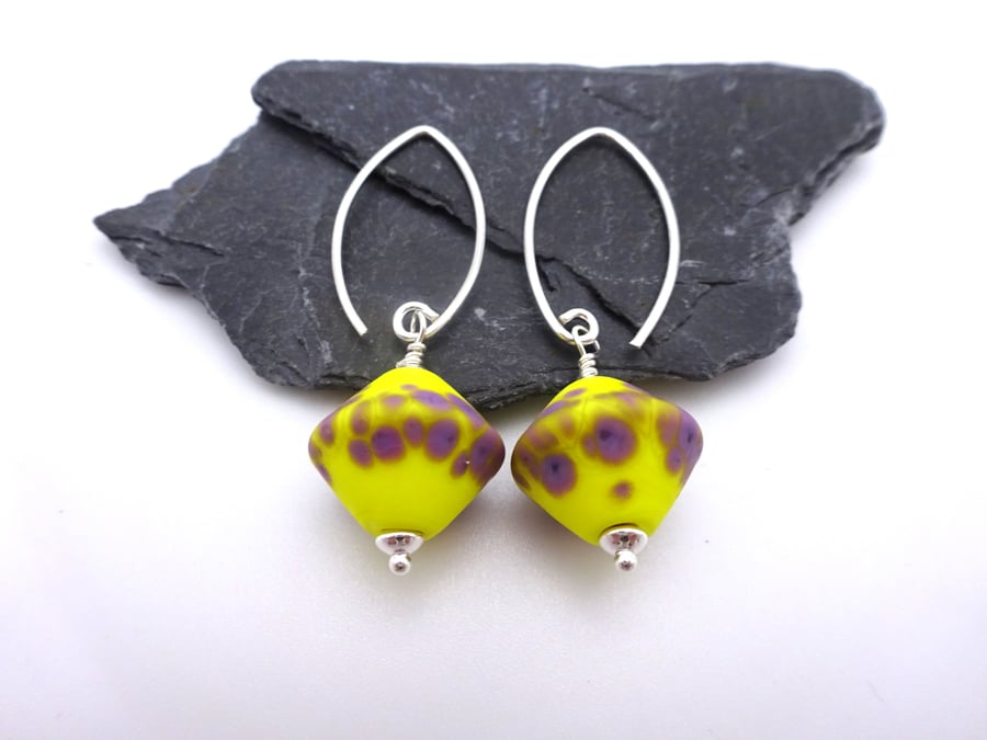 yellow and purple lampwork glass earrings