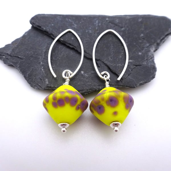 yellow and purple lampwork glass earrings