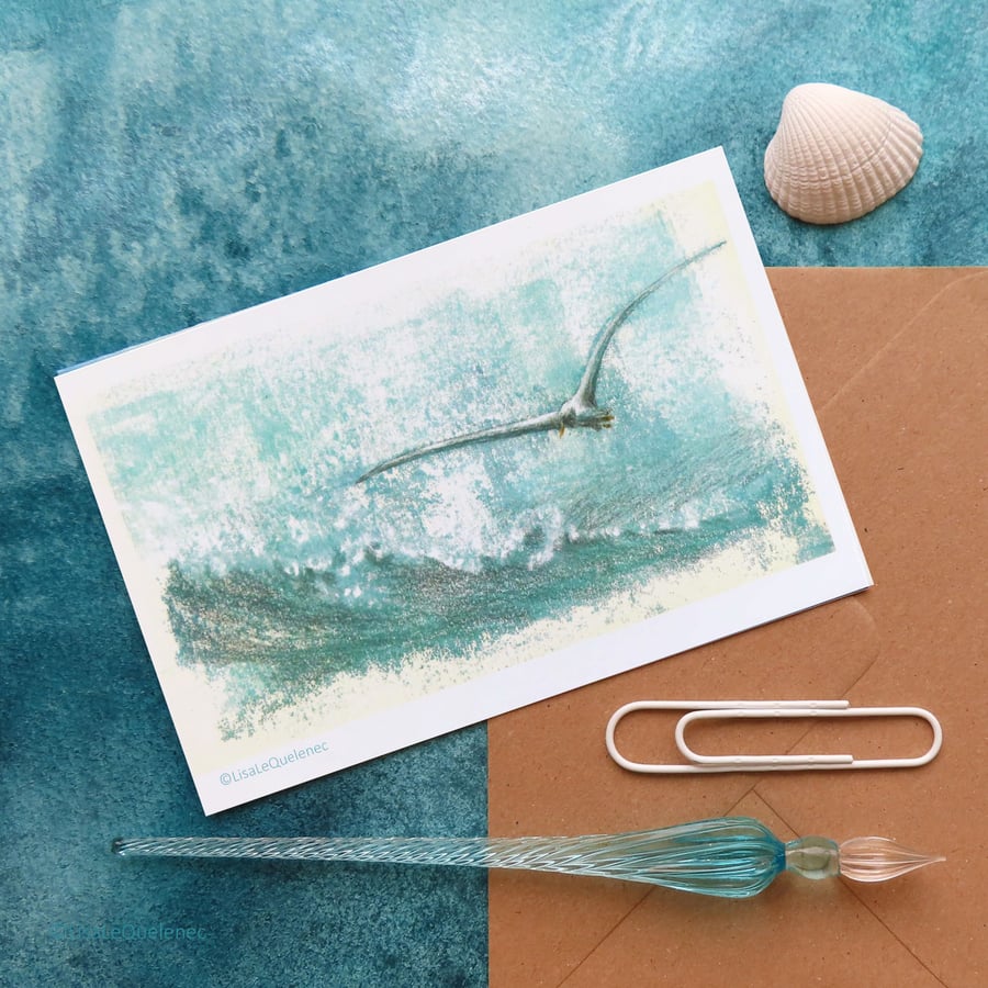 Gull and ocean surf blank notelet card plastic free cello free