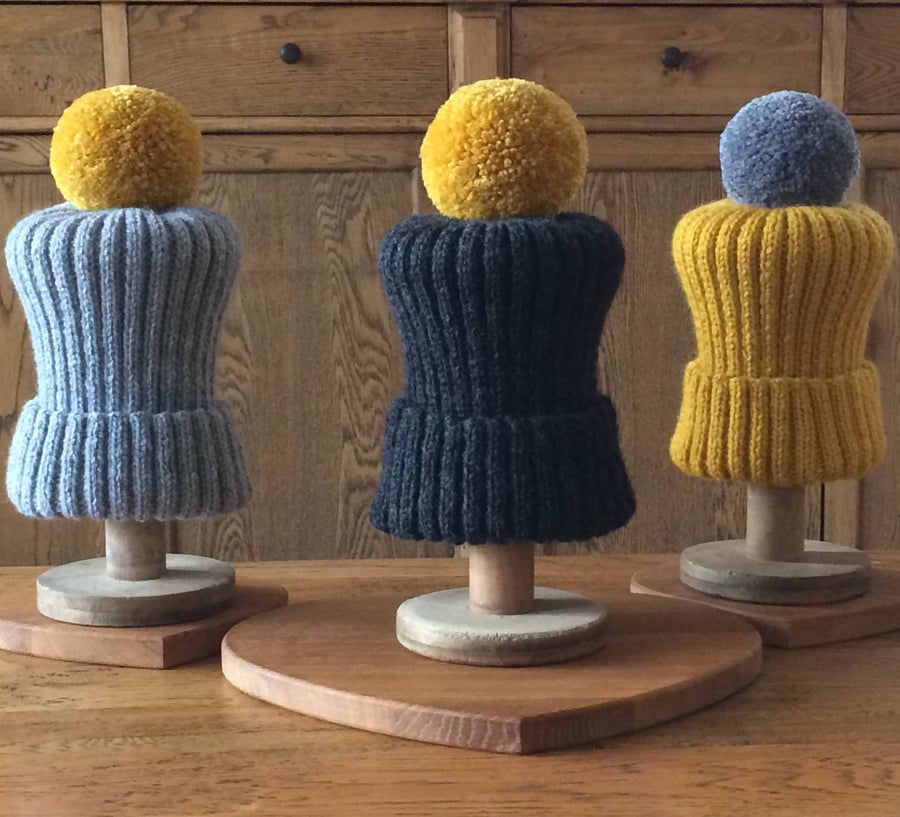 SALE- SET OF THREE Ribbed Beanie with luxury Pom Pom