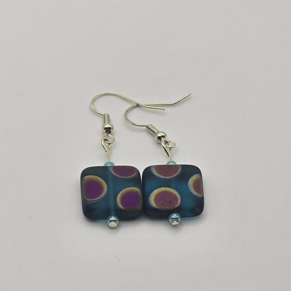 Czech glass turquoise cubed earrings with a peacock pattern