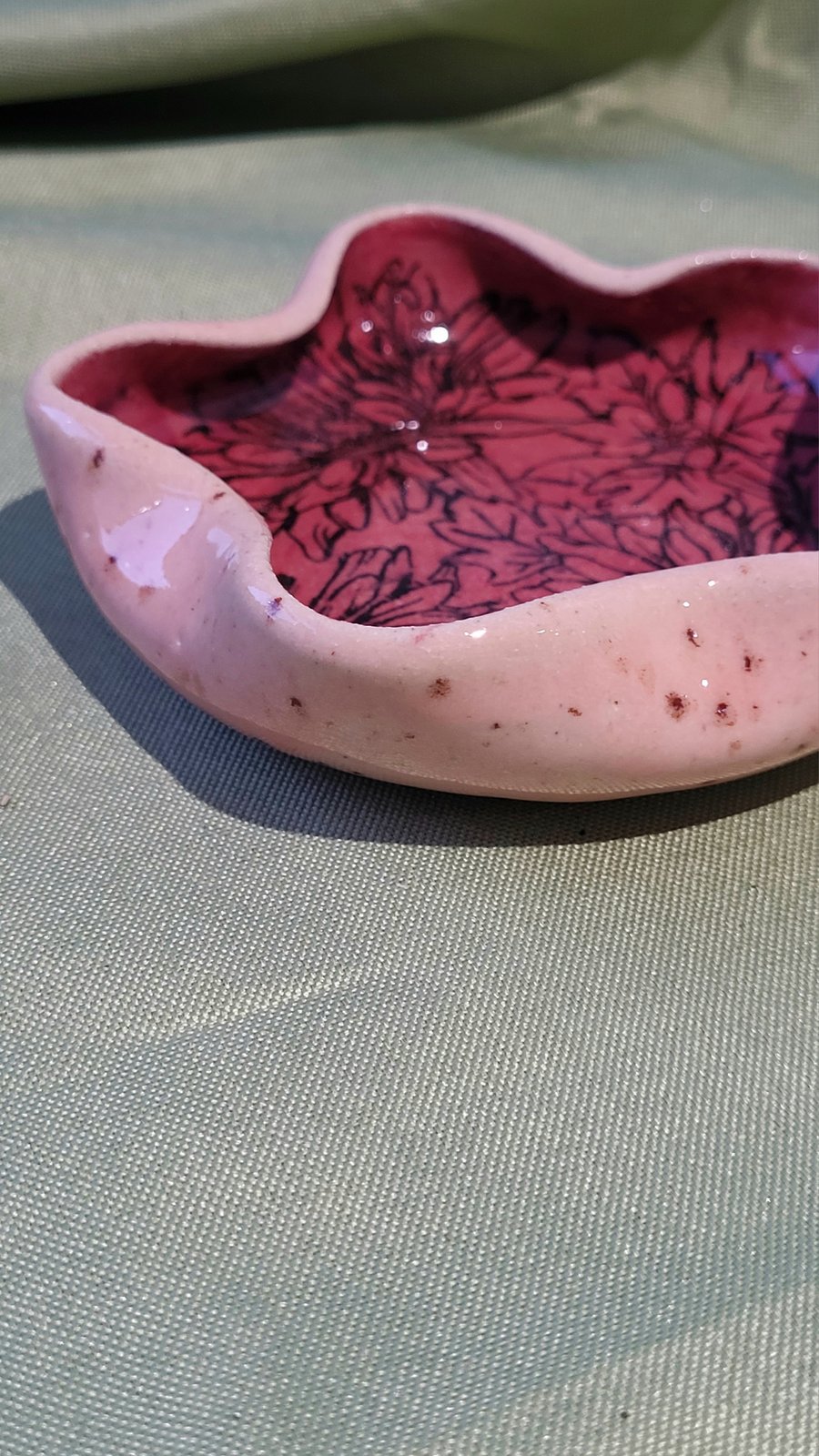 Flower shaped pink flower patterned trinket dish handmade pottery