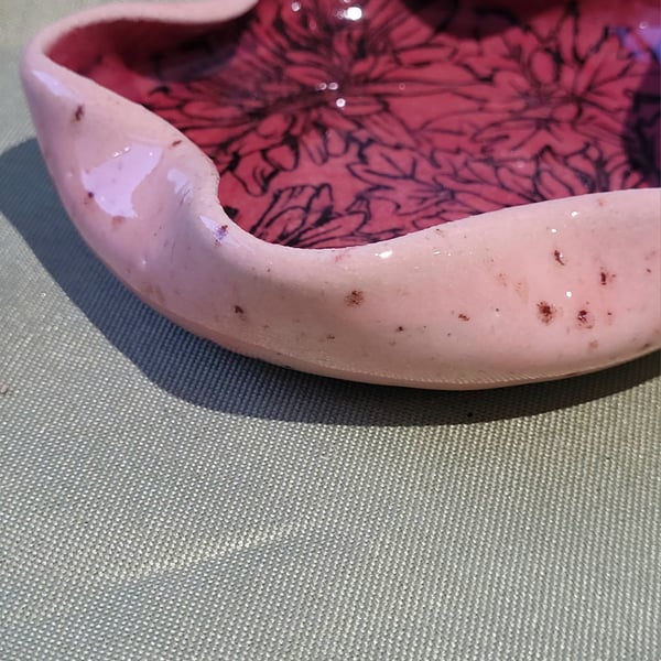 Flower shaped pink flower patterned trinket dish handmade pottery
