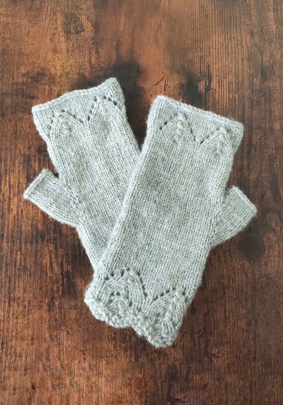 Hand Knitted Grey Lace Fingerless Gloves 
