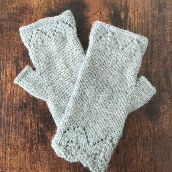 Hand Knitted Grey Lace Fingerless Gloves 