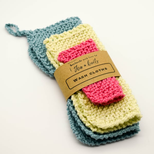 SOLD - Hand knitted cotton wash cloths 3 pack - S, M & L- Pink, yellow and blue