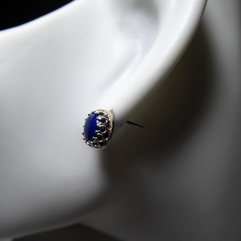Lapis Lazuli & Sterling Silver Gallery Wire Set Stud Earrings