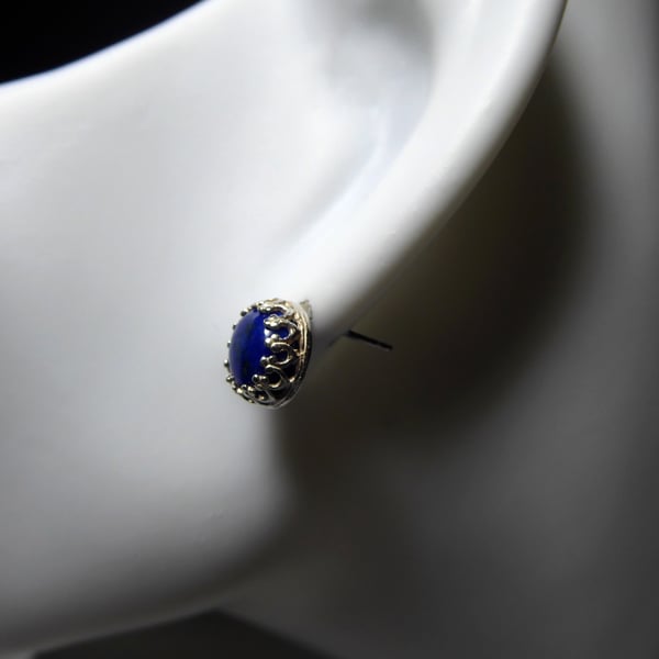 Lapis Lazuli & Sterling Silver Gallery Wire Set Stud Earrings