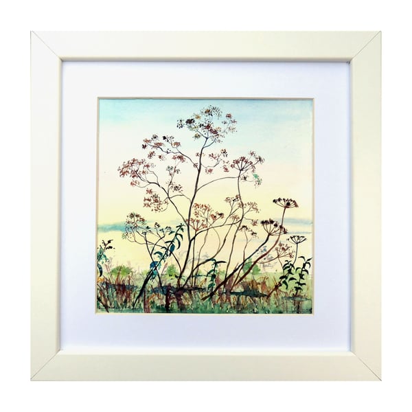 Landscape Fen Watercolour  Cambridge Fine Art Square Painting Cow Parsley Fen