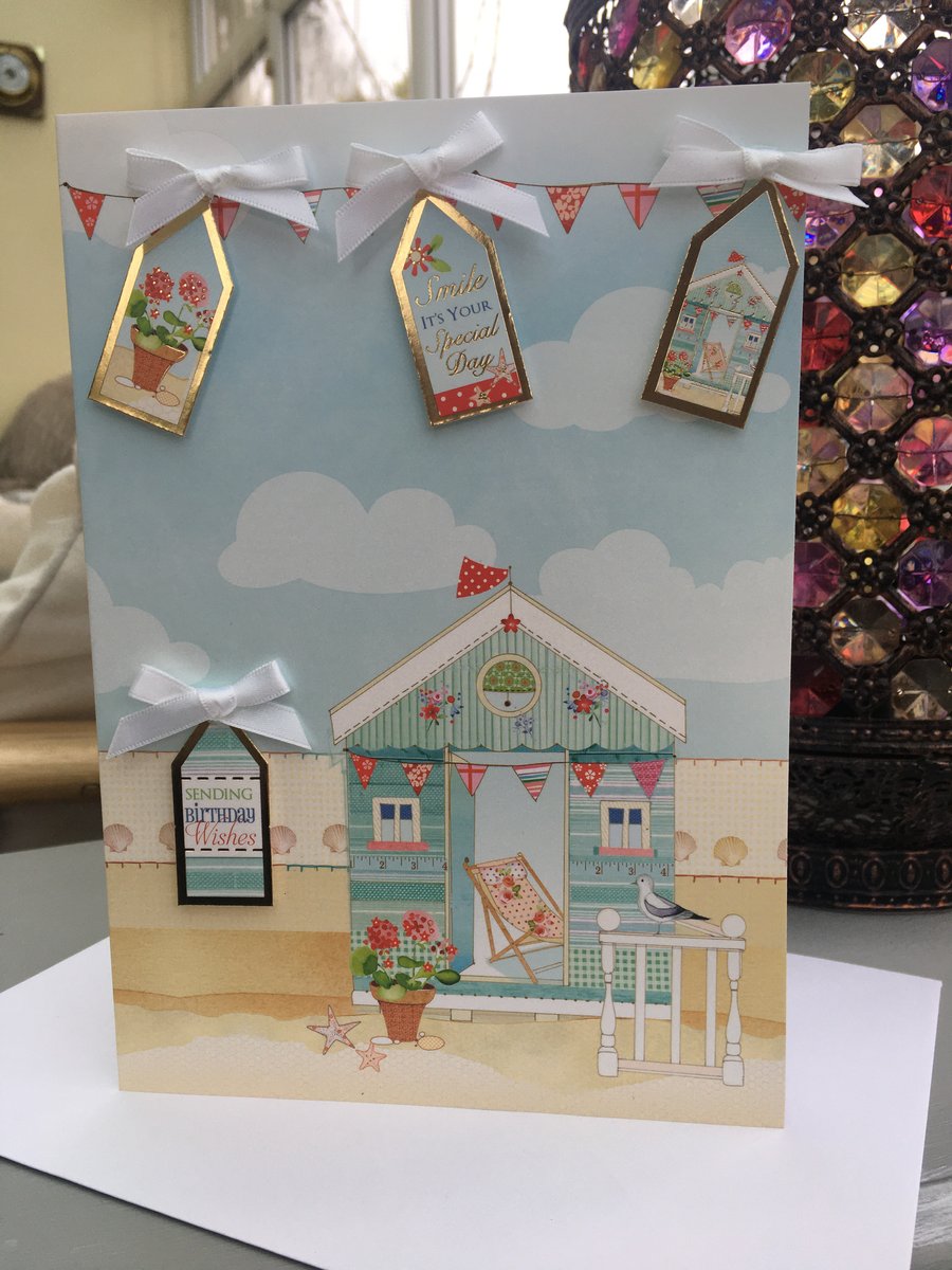 Sunhine, seaside and beach hut fresh and fun birthday card.