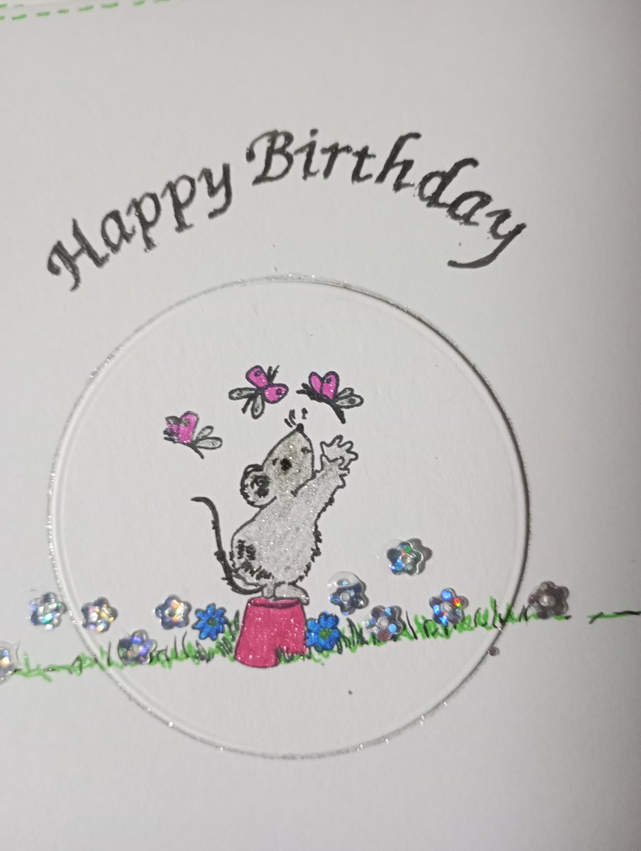 Cute mouse playing with butterflies birthday card 