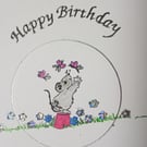 Cute mouse playing with butterflies birthday card 
