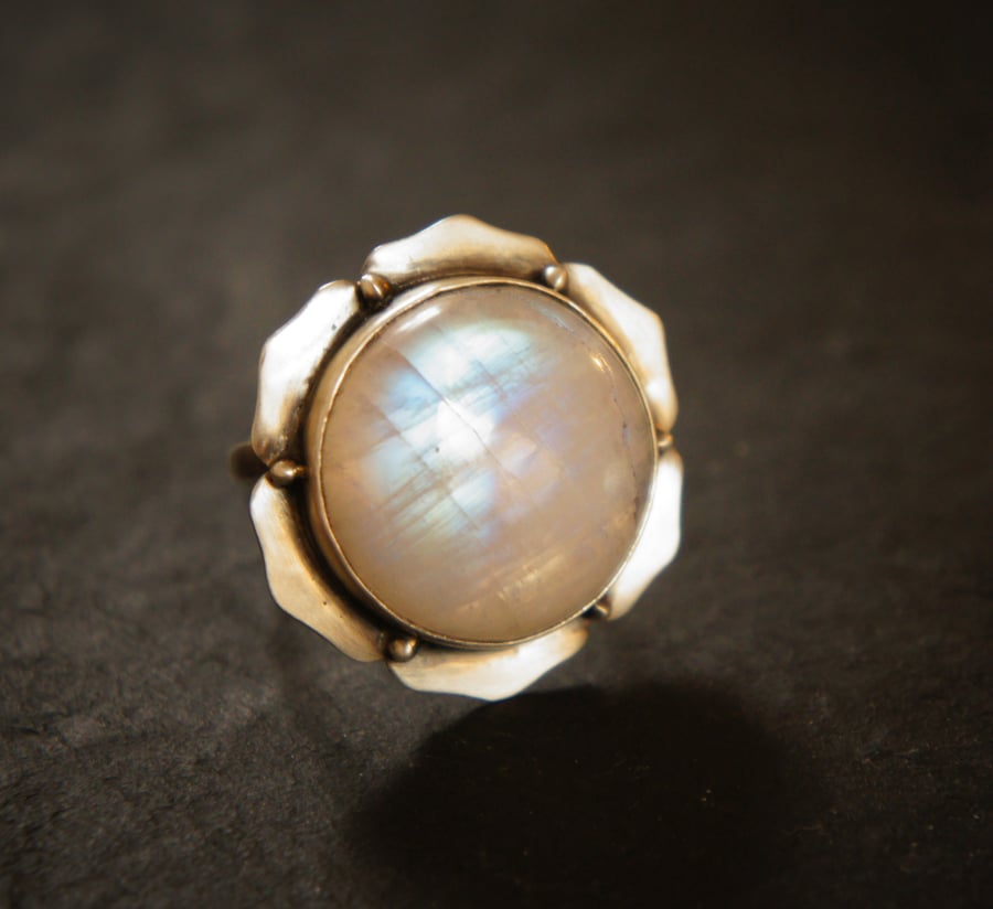 Glowing Rainbow Moonstone and Sterling Silver Lotus Ring