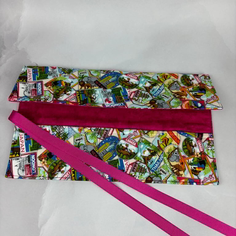 Postcards brush roll, Travel pencil wrap, Tool  wrap, Handmade