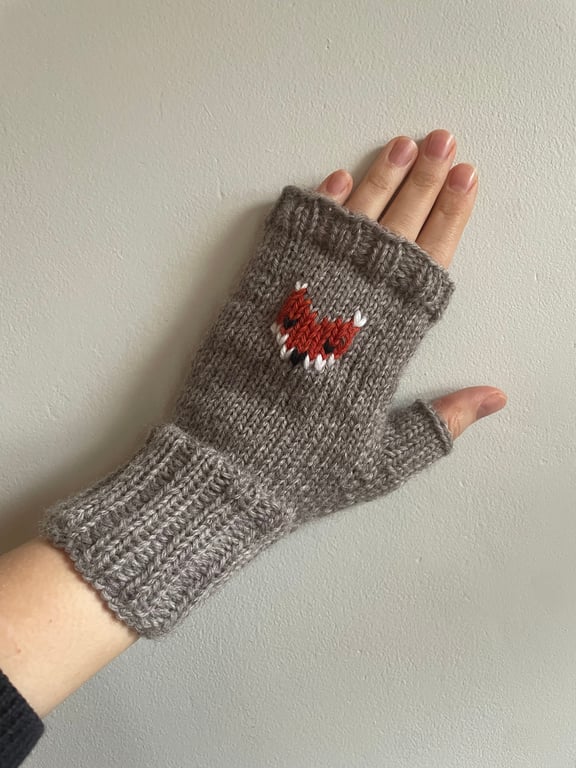Taupe Beige Wool Fingerless gloves with embroidered overstitched orange fox 