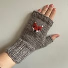 Taupe Beige Wool Fingerless gloves with embroidered overstitched orange fox 