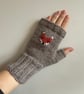 Taupe Beige Wool Fingerless gloves with embroidered overstitched orange fox 