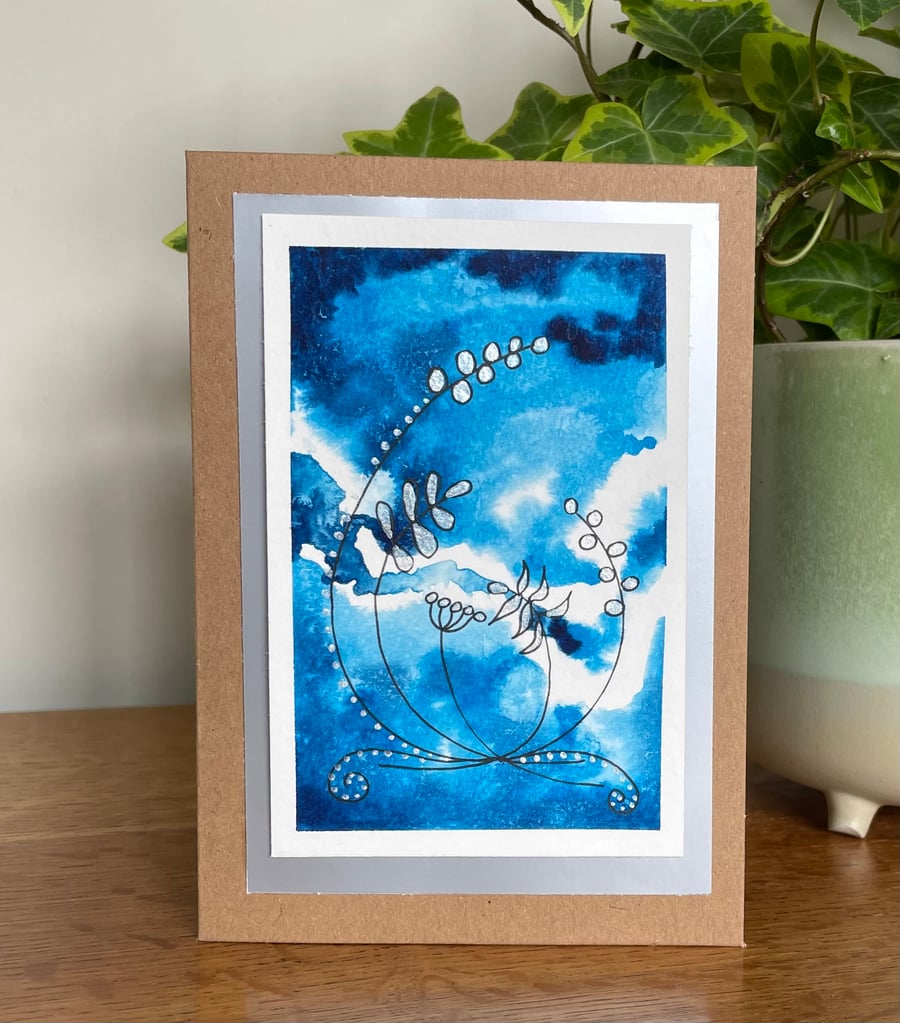 Cards, Greeting card, blue abstract hand painted watercolour original artwork.