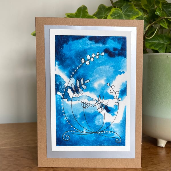 Cards, Greeting card, blue abstract hand painted watercolour original artwork.