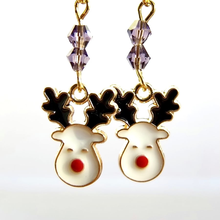 Christmas Earrings - Enamel Reindeer & Purple Glass Crystals - Free UK Delivery
