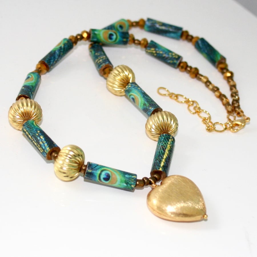 Peacock paper bead necklace with brushed gold heart