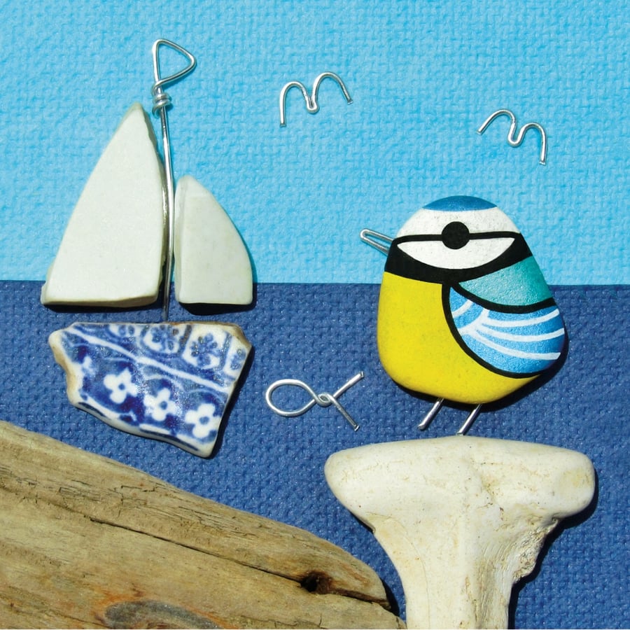Framed Seaside Prints & Pictures - Blue Tit & Sailing Boat - Scottish Pebble Art