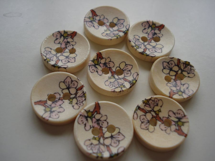 8 Oriental Flowers Buttons - Japan - Cherry Blossom - Floral