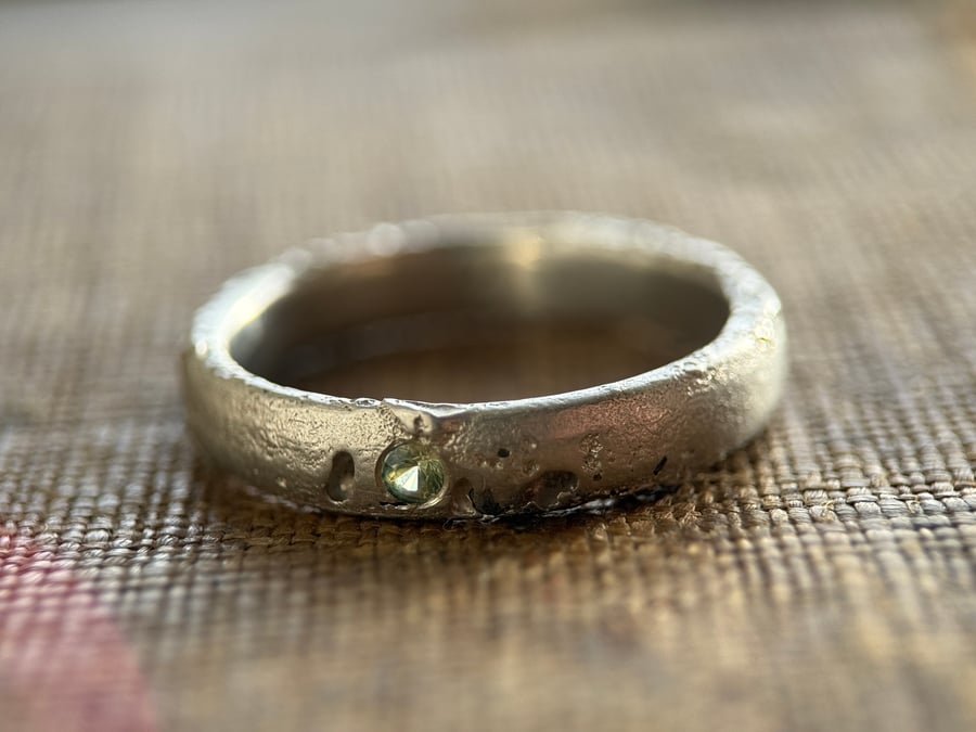 Sand Cast Green Sapphire Silver Ring Band