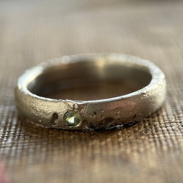 Sand Cast Green Sapphire Silver Ring Band